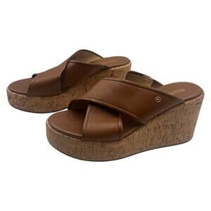 Michael Kors MK Platform Wedge Sandals Cary Leather Slide Cork Heel Brown Sz 9M